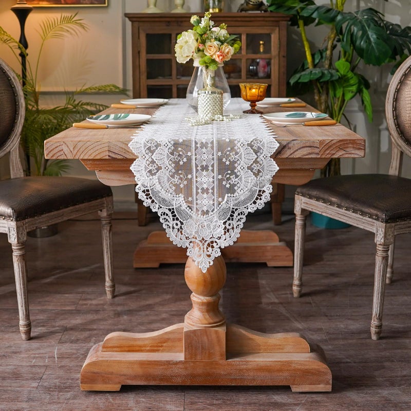 SUTAVIA White Lace Table Runner Exquisite Embroidery Floral Rectangular Elegant Dresser Scarf Shabby Chic Rustic Decoration for Home Kitchen Holiday Wedding Party Living Room (White, 13"x60") - Image 2