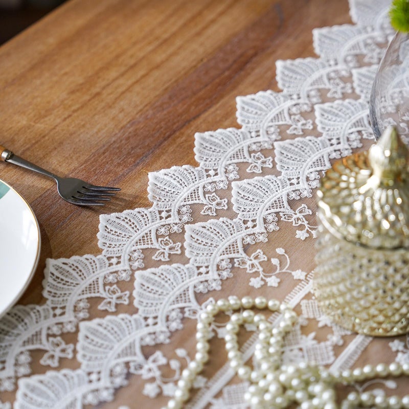 SUTAVIA White Lace Table Runner Exquisite Embroidery Floral Rectangular Elegant Dresser Scarf Shabby Chic Rustic Decoration for Home Kitchen Holiday Wedding Party Living Room (White, 13"x60") - Image 3