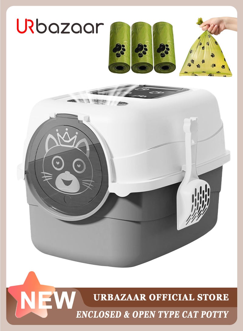 أوربازار صندوق قمامة قطط كبير مع مرحاض مغلق بالكامل مع باب، وعاء قمامة قطط كبير، وعاء مرحاض قطط مع 3 أكياس قمامة ومغرفة قمامة قطط متضمنة - صناديق قمامة رمادية، مستلزمات الحيوانات الأليفة - Image 1