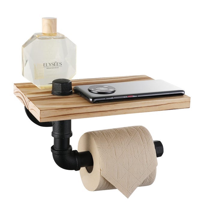INDUSTRIAL PIPE TOILET PAPER HOLDER VINTAGE STYLE DIY WALL MOUNT ROLL TISSUE TOWEL HOLDER FOR BATHROOM LIVING ROOM AND KITCHEN 7 WITH SHELF BLACK