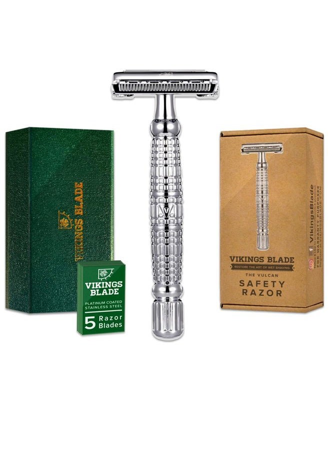 VIKINGS BLADE Double Edge Safety Razor for Men + 5 Swedish Steel Blades + Luxury Case. Long Handle. Smooth, Reusable, Eco-Friendly (The Vulcan) - Image 1