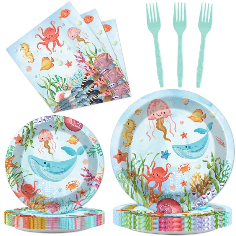 gisgfim 96 Pcs Under The Sea Plates and Napkins Party Supplies Ocean Birthday Party Tableware Set Ocean Animal Underwater Sea Life Party Decorations Favors for Birthday Shower for 24 Guests - Image 2