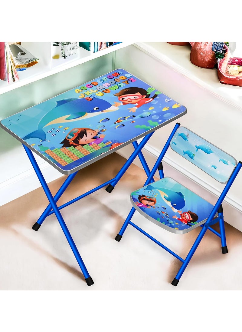DubaiGallery - Kids Folding Table 1 Chair Set Portable Study Desk Cartoon Themed Educational Furniture Easy Fold Storage Ideal Snacks Art Homework Learning Nursery Growing with Your Baby Child - Image 1