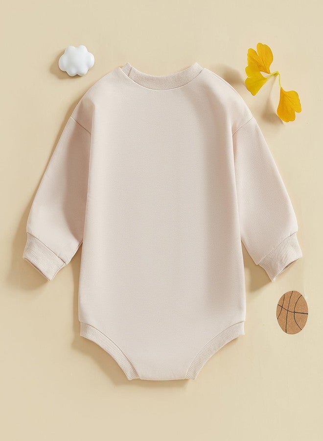 Lenjindjer Infant Baby Boy Girl Basketball Outfit Game Day Bow Print Long Sleeve Bubble Romper Sweatshirt Newborn Fall Shirt (Khaki, 6-12 Months) - Image 3