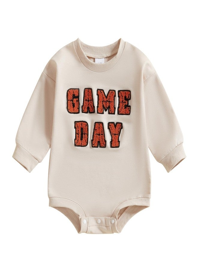 Lenjindjer Infant Baby Boy Girl Basketball Outfit Game Day Bow Print Long Sleeve Bubble Romper Sweatshirt Newborn Fall Shirt (Khaki, 6-12 Months) - Image 1