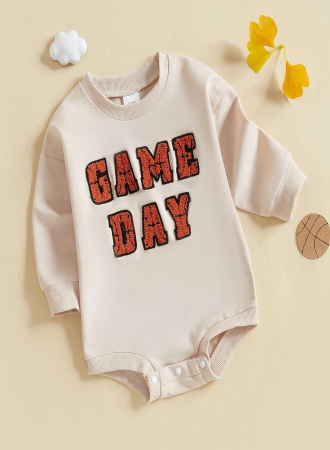 Lenjindjer Infant Baby Boy Girl Basketball Outfit Game Day Bow Print Long Sleeve Bubble Romper Sweatshirt Newborn Fall Shirt (Khaki, 6-12 Months) - Image 2