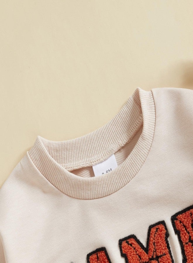 Lenjindjer Infant Baby Boy Girl Basketball Outfit Game Day Bow Print Long Sleeve Bubble Romper Sweatshirt Newborn Fall Shirt (Khaki, 6-12 Months) - Image 4
