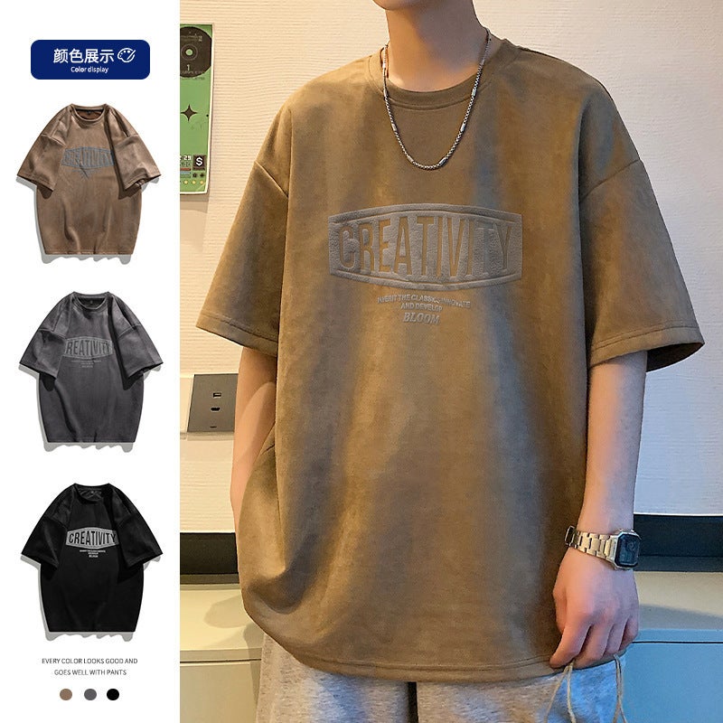 Heavy Suede Short-sleeved Men's Summer American Style Retro Curry Color T-shirt Japanese Style Trendy Brand Yagi Shuai High Street Half-sleeved - Image 2