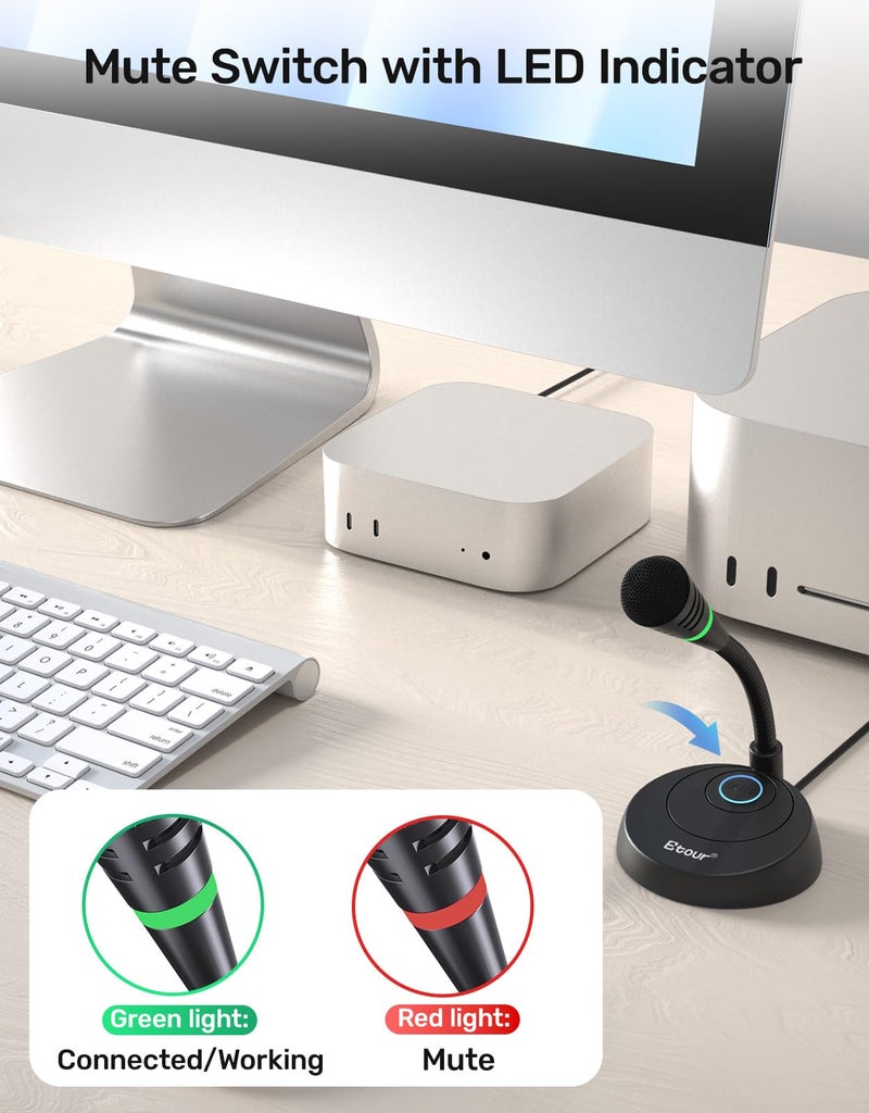 Etour Mic for Mac mini m4, USB C Microphone, Plug &Play Desktop Cardioid Condenser External Small Computer Mic for Laptop, Mute Button, for Windows, MacBook Pro/Air, for Recording, Dictation/Meeting - Image 4