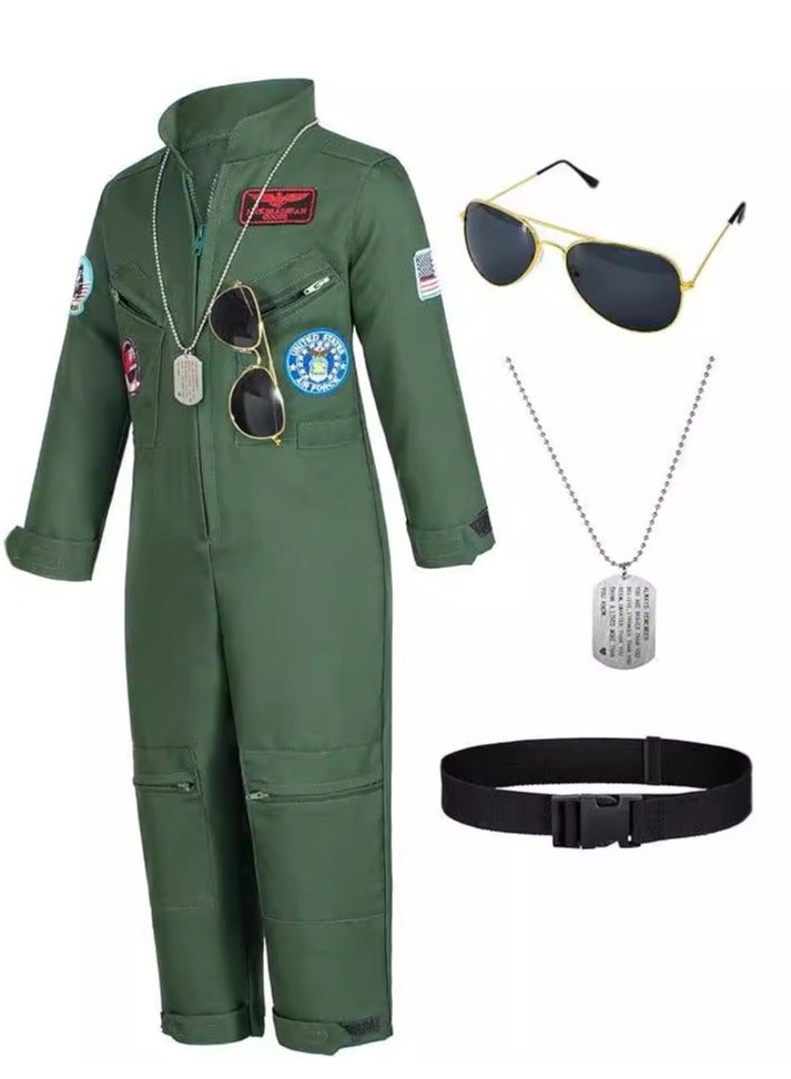 Kids Costume for Kid Boys and Girls, Pretend Dress up Role Play 4 pcs Set, Fighter Pilot Costume, Air Force Flight Suit with sunglasses, Pendant, Belt (3-8 Years, 80-110cm) - Image 1