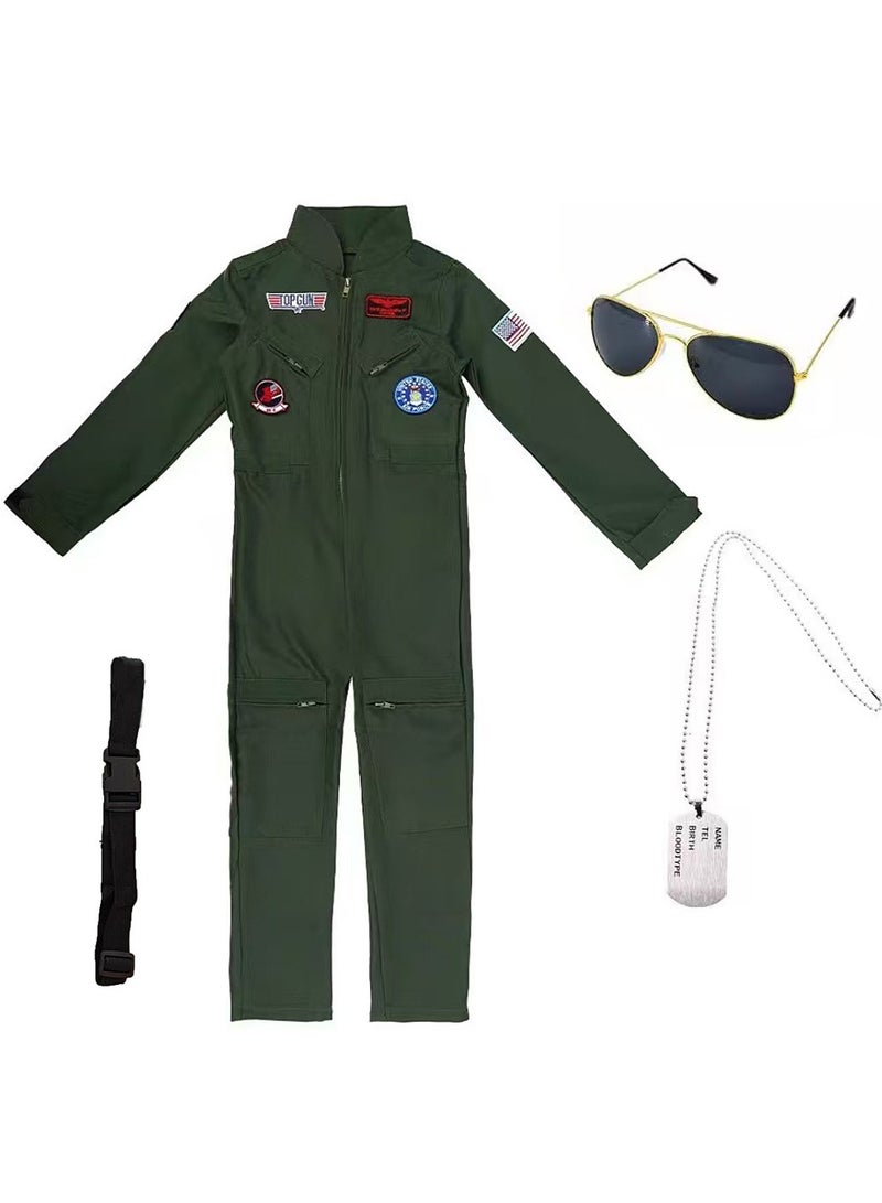 Kids Costume for Kid Boys and Girls, Pretend Dress up Role Play 4 pcs Set, Fighter Pilot Costume, Air Force Flight Suit with sunglasses, Pendant, Belt (3-8 Years, 80-110cm) - Image 3