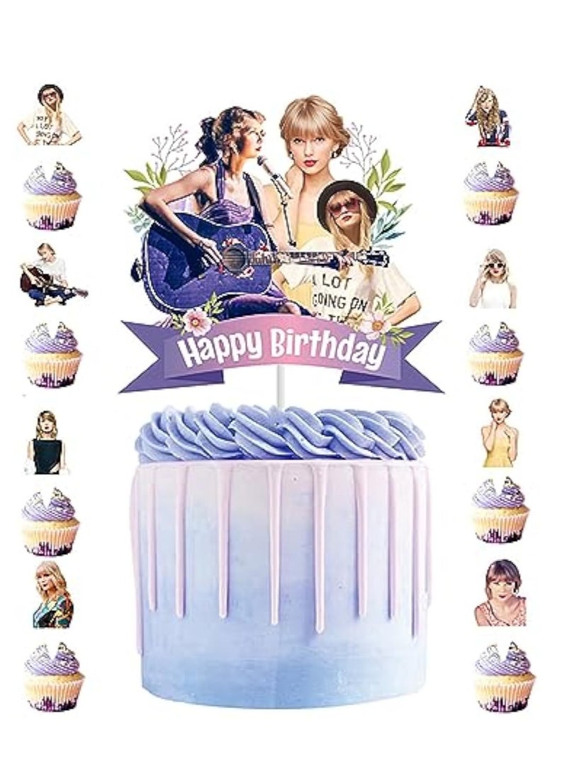 KASTWAVE 25pcs Taylor Singer Cake Decorations, Personalised Cake Topper, Taylor Cupcake Toppers, with 1pcs Cake Topper and 24pcs Cupcake Toppers for Swift Birthday Party Supplies - Image 1