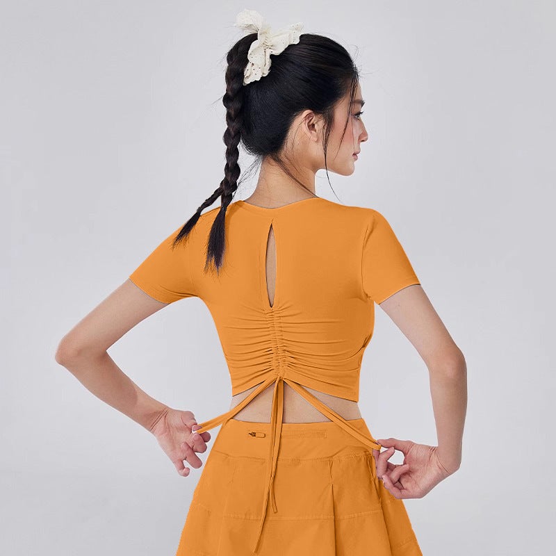 Generic Womens Short-sleeved Yoga Top with Chest Pad 2025 New High-value Pilates Training Clothes Running Sports Fitness Clothes Neon orange