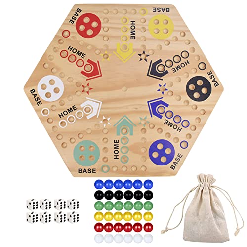 MUCITAGF 24 Wooden Wahoo Board Game DoubleSided for 4 or 6 Players Fast Track Board Game Original Marble Game Set with 36 Marbles 8 Dice for Family Night Parties and Adult Gifting - Image 1