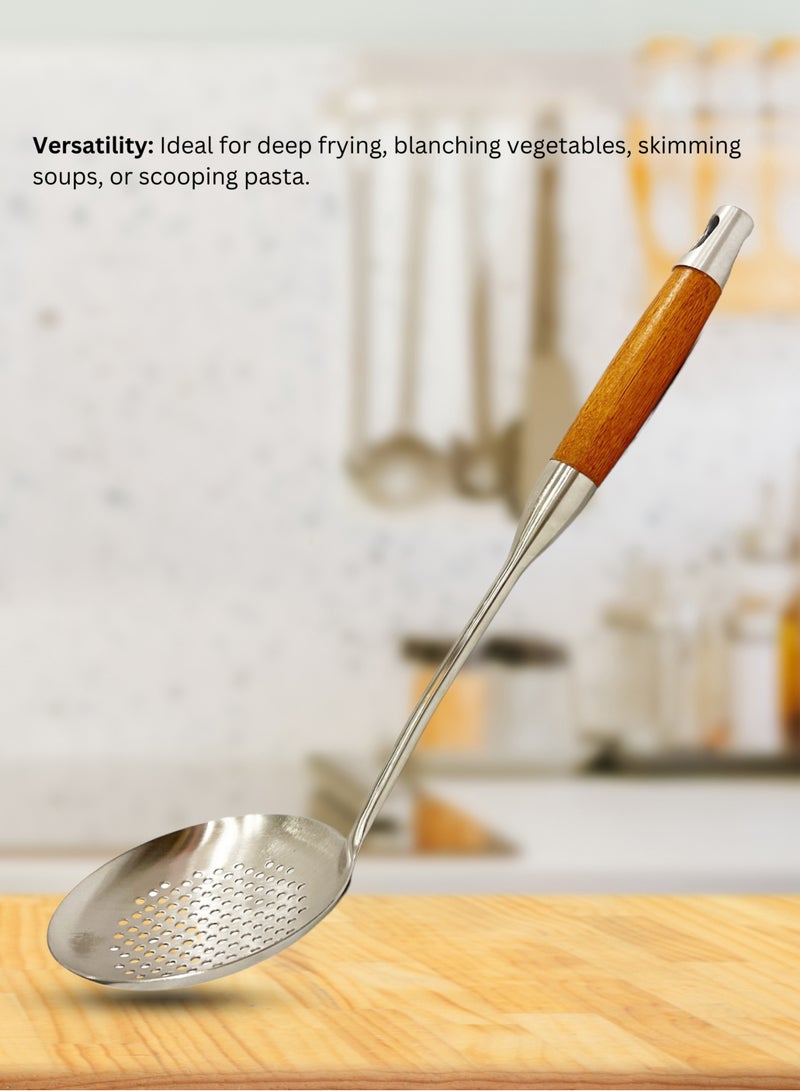 British Chef Stainless Steel Skimmer | Wooden Handle | Slot Spoon Oil Skimmer | Long Handle Skimmer Spoon | BC315 - Image 3