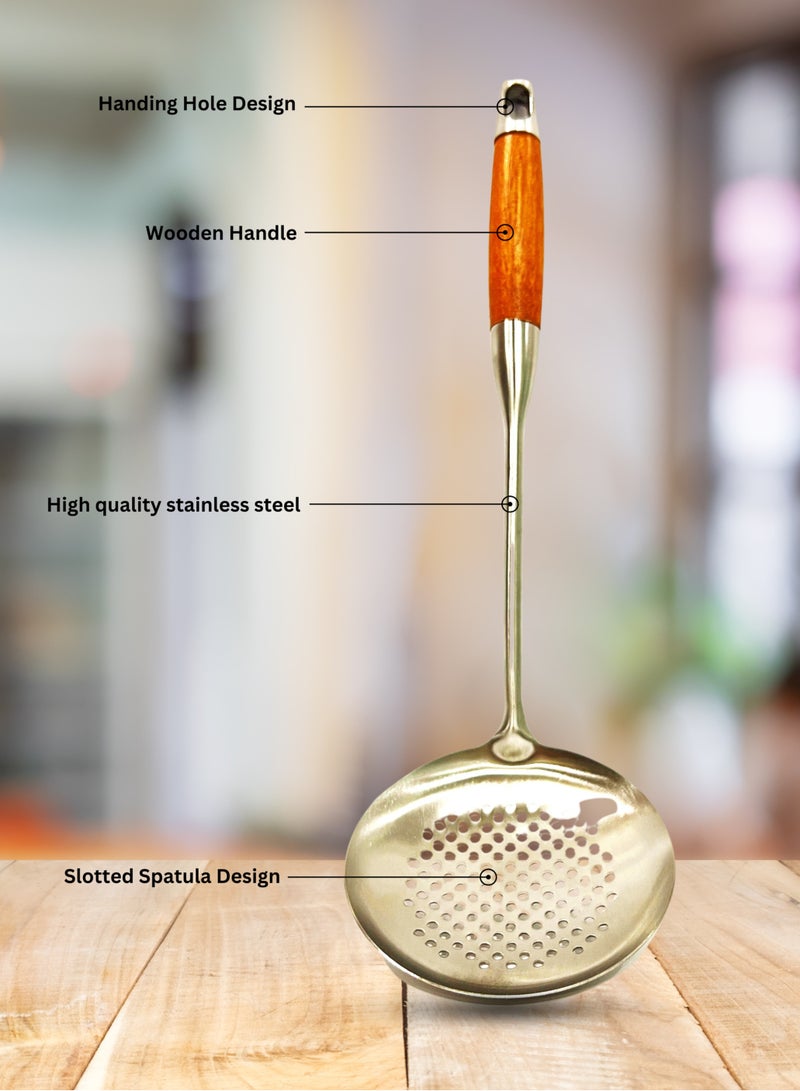 British Chef Stainless Steel Skimmer | Wooden Handle | Slot Spoon Oil Skimmer | Long Handle Skimmer Spoon | BC315 - Image 2