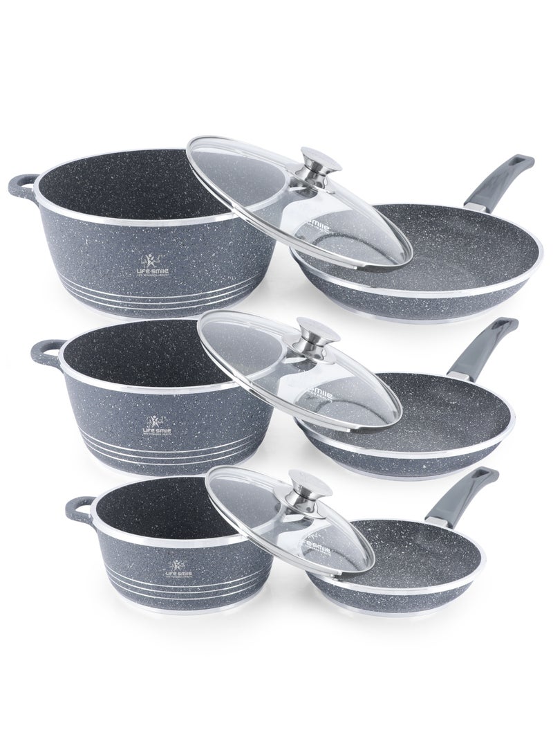 Life Smile 9 Piece Granite Cookware Set, Non-Stick,1x20cm Casserole with lid, 1x24cm Casserole with lid,1x28cm Casserole with lid,1x20cm Frypan with lid,1x24cm Frypan with lid,1x28cm Frypan with lid,Oven Safe Kitchen Cooking Set - Image 1