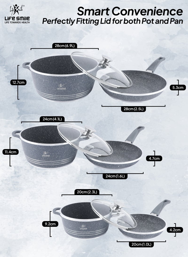 Life Smile 9 Piece Granite Cookware Set, Non-Stick,1x20cm Casserole with lid, 1x24cm Casserole with lid,1x28cm Casserole with lid,1x20cm Frypan with lid,1x24cm Frypan with lid,1x28cm Frypan with lid,Oven Safe Kitchen Cooking Set - Image 3