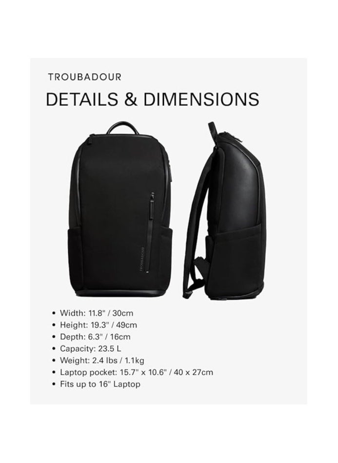 Troubadour - Troubadour Pioneer Backpack Premium Vegan & Waterproof Material 17" Laptop Pocket Ergonomic Comfort Straps Retractable Bottle Holders Ventilated Shoe Compartment Black - Image 1