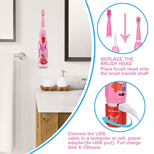 OJV 8630 Kids Sonic Electric Toothbrushes for Children Kids, 6 Modes 2-Min Timer, 6 Brush Heads, USB Rechargeable Power Smart Toothbrush for Girls Oral-Care Age 3-16 with Wall Mounted Holder (Pink) - Image 4
