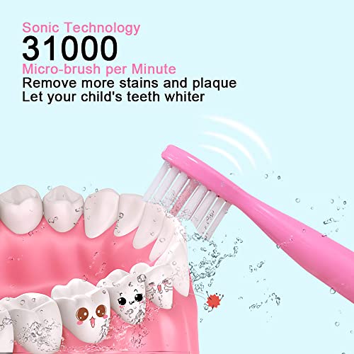 OJV 8630 Kids Sonic Electric Toothbrushes for Children Kids, 6 Modes 2-Min Timer, 6 Brush Heads, USB Rechargeable Power Smart Toothbrush for Girls Oral-Care Age 3-16 with Wall Mounted Holder (Pink) - Image 5