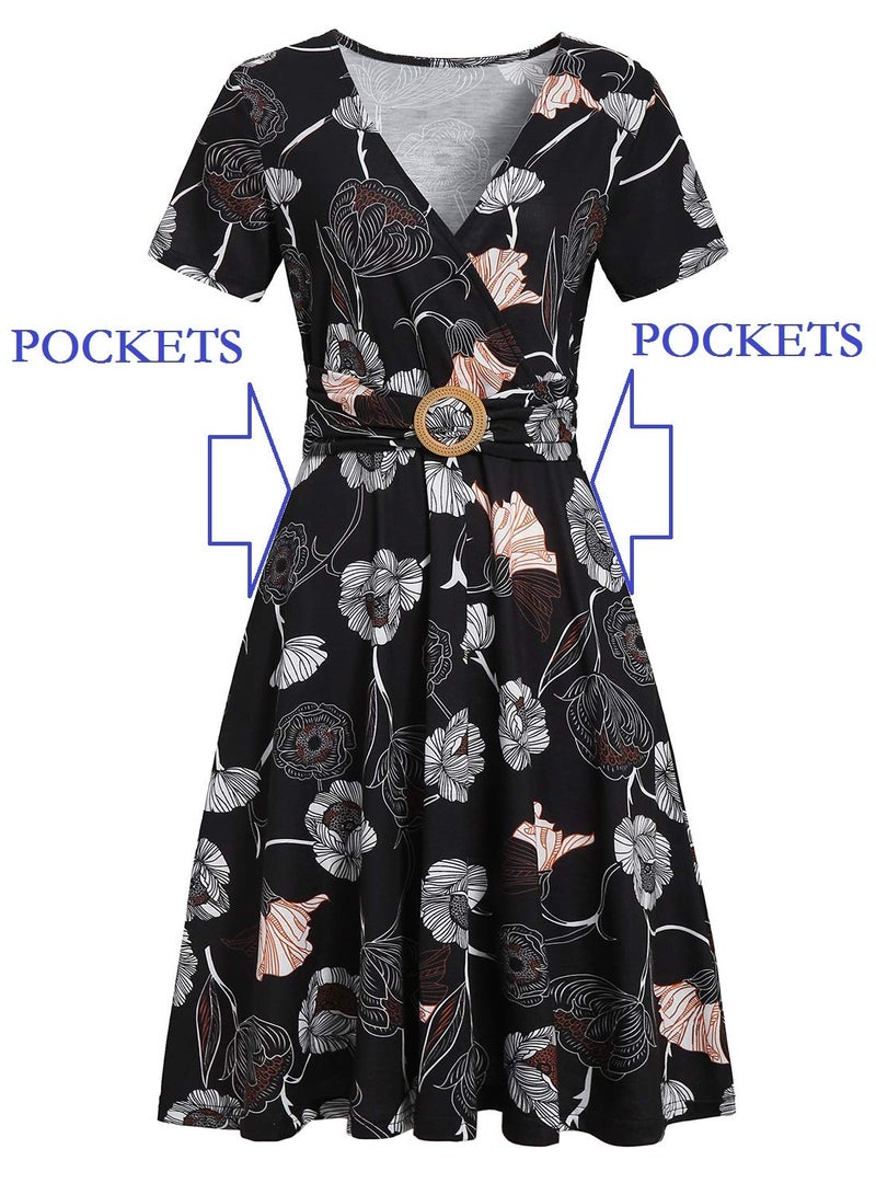 HELYO Women's Elegant Criss-Cross V Neck Vintage Short Sleeve Work Casual Party Swing Tea Dress with Pockets 980 (M, Black Floral) - Image 5