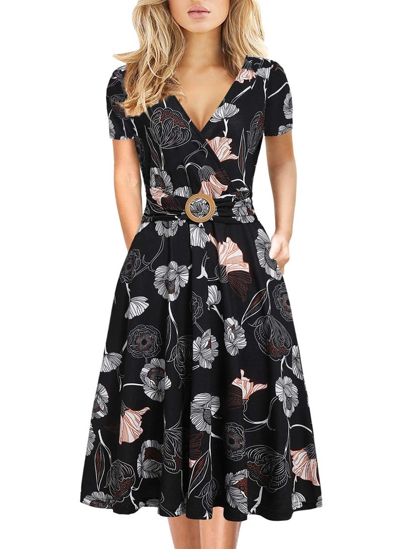 HELYO Women's Elegant Criss-Cross V Neck Vintage Short Sleeve Work Casual Party Swing Tea Dress with Pockets 980 (M, Black Floral) - Image 1