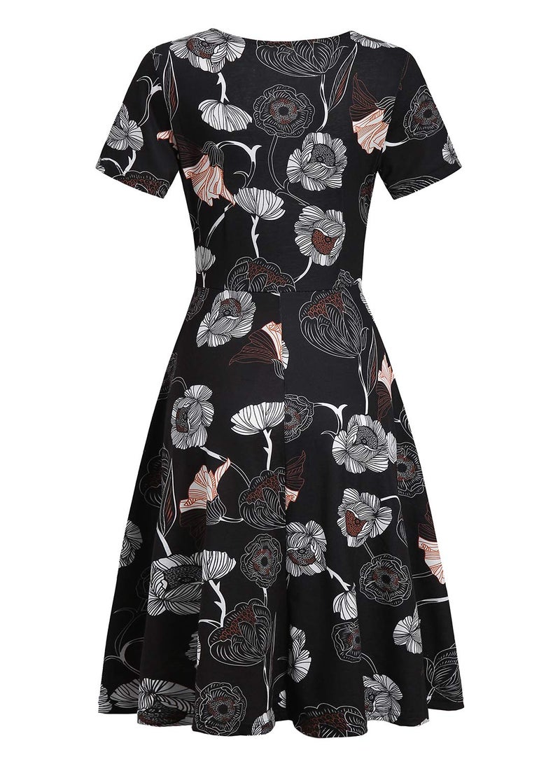 HELYO Women's Elegant Criss-Cross V Neck Vintage Short Sleeve Work Casual Party Swing Tea Dress with Pockets 980 (M, Black Floral) - Image 4