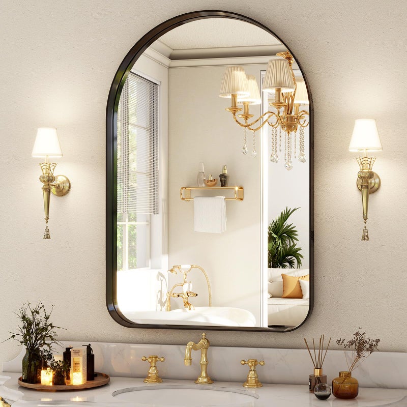 36x24 Arched Bathroom Mirror Modern Black Mirror for Wall with Rounded Corners Bathroom Mirror for Vanity Aluminum Alloy Framed Mirror for Living Room Bedroom Cloakroom