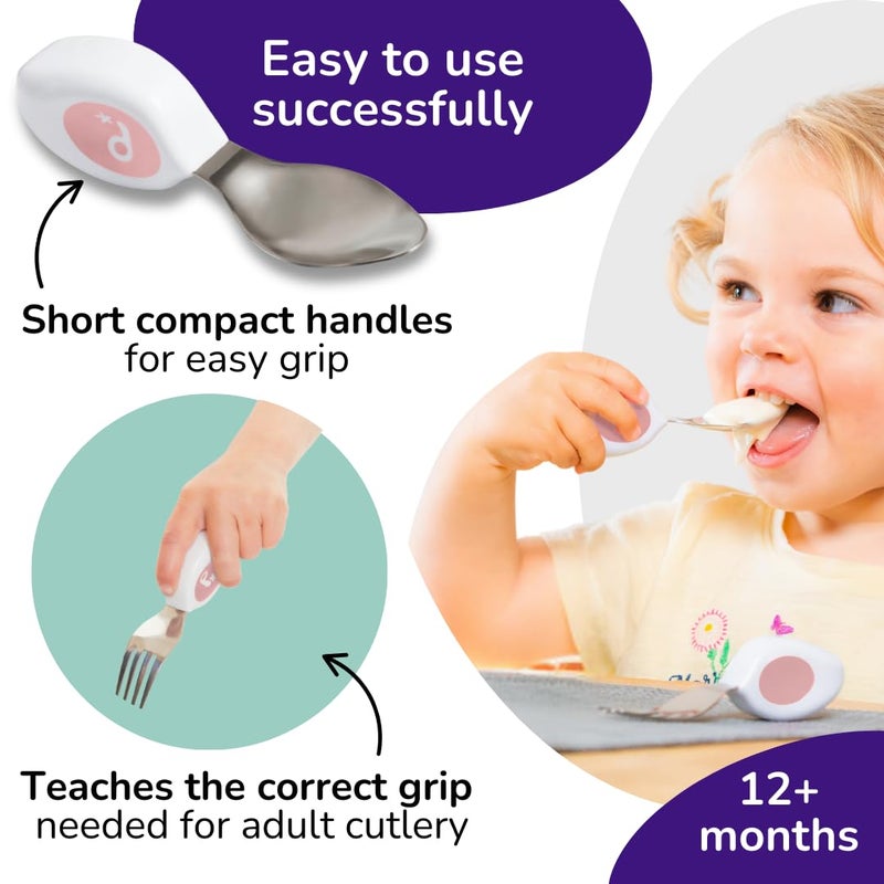 doddl Toddler Utensils, Ergonomic Fork and Spoon Set for Self Feeding, Stainless Steel Silverware for 1-3 Year Olds, BPA Free, Dishwasher Safe (Dusky Rose) - Image 4