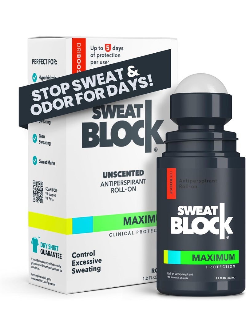 SweatBlock Antiperspirant Roll-on - Maximum Clinical Strength with DRIBOOST Treat Hyperhidrosis, Excessive Sweat & Odour Up to 7 Days Sweat Control Per Use Unisex 35ml