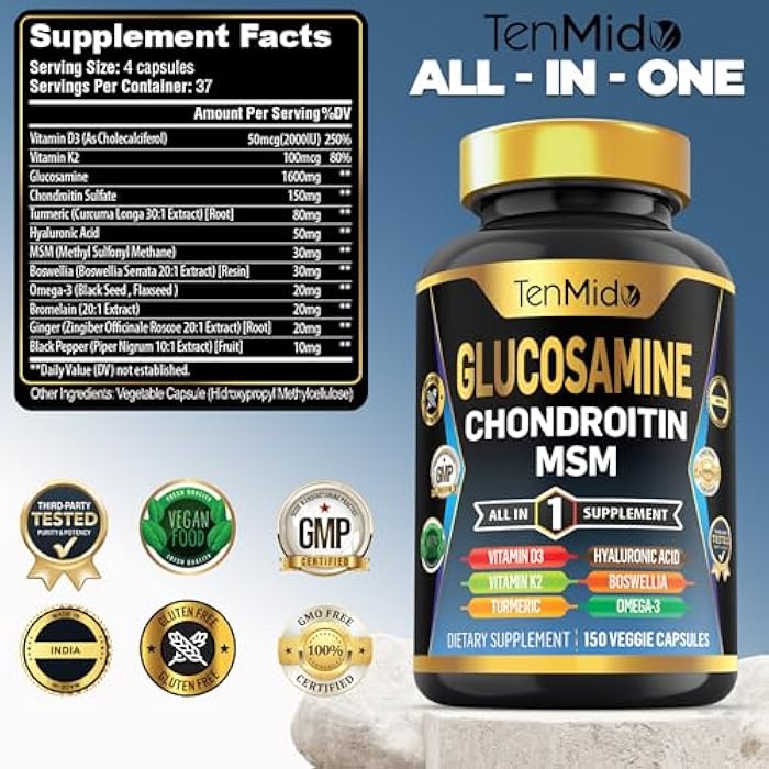 Tenmido Glucosamine Chondroitin MSM Supplement - 12in1 Formula - Combine with Turmeric, Hyaluronic Acid, Boswellia, Omega-3, Bromelain, Ginger, and More - Joint Health Support - 150 Capsules - Image 2