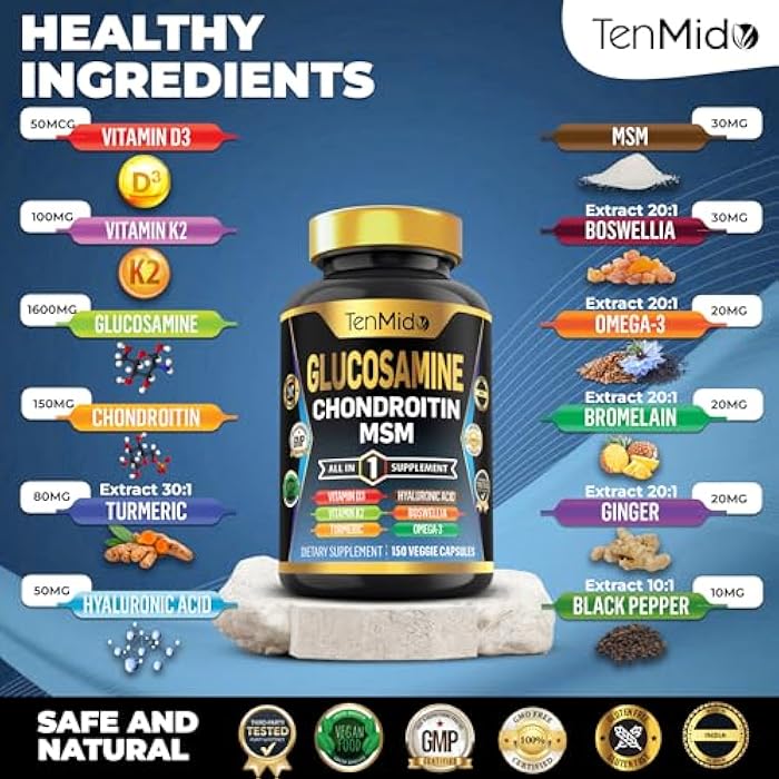 Tenmido Glucosamine Chondroitin MSM Supplement - 12in1 Formula - Combine with Turmeric, Hyaluronic Acid, Boswellia, Omega-3, Bromelain, Ginger, and More - Joint Health Support - 150 Capsules - Image 3
