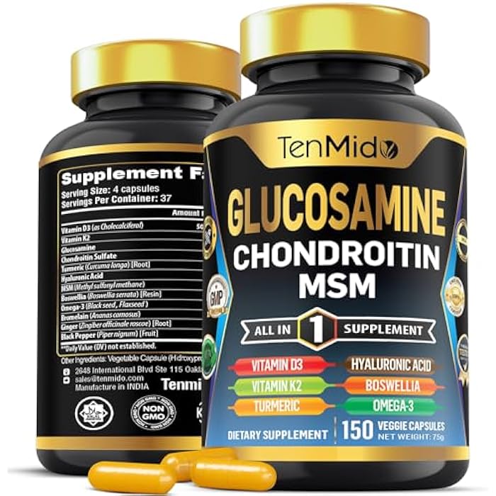 Tenmido Glucosamine Chondroitin MSM Supplement - 12in1 Formula - Combine with Turmeric, Hyaluronic Acid, Boswellia, Omega-3, Bromelain, Ginger, and More - Joint Health Support - 150 Capsules - Image 1