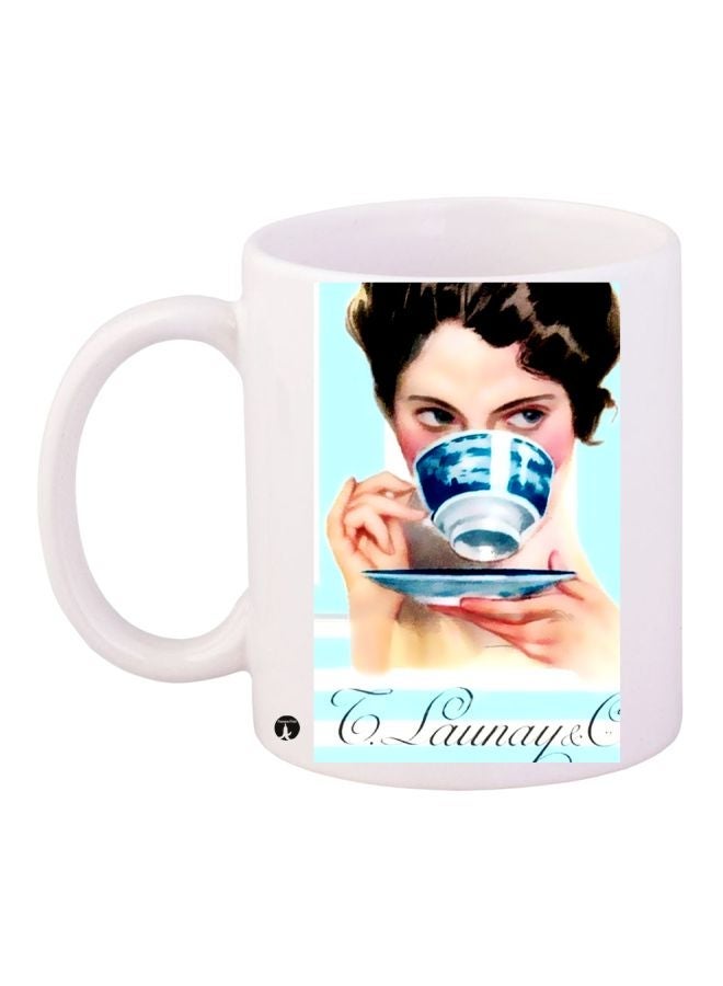 RYN Cartoon Printed Coffee Mug White/Beige/Blue 11ounce