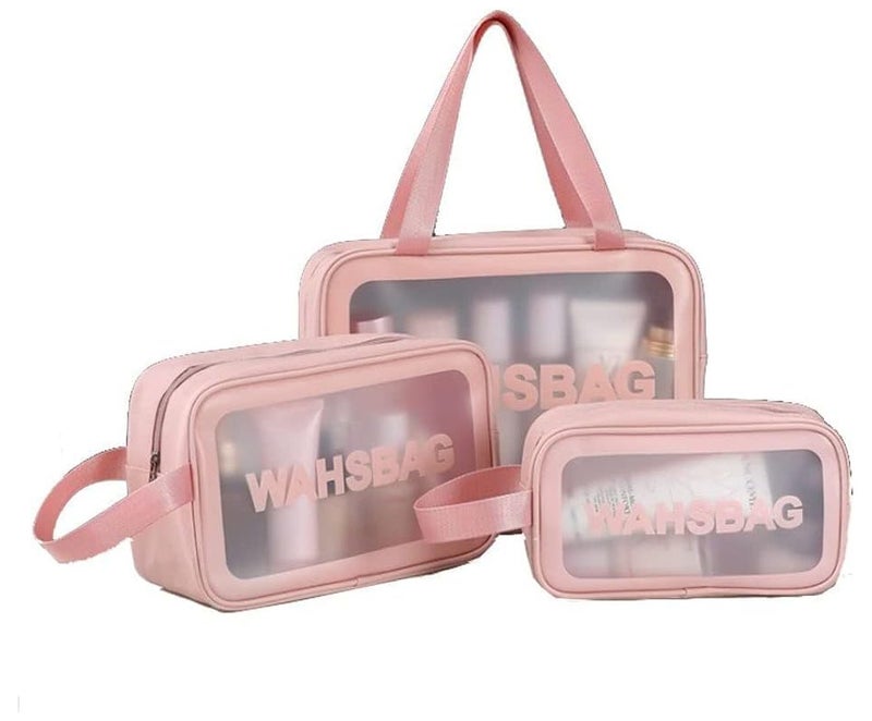 شنط ادوات الزينة - شنطة غسيل مستحضرات تجميل مقاومة للماء مكياج بسحاب للنساء والفتيات 3 قطع اكسسوارات السفر ومستلزمات العطلات بلاستيك بي في سي وجلد بولي يوريثين صديق للبيئة شفاف ( وردي) - Image 1