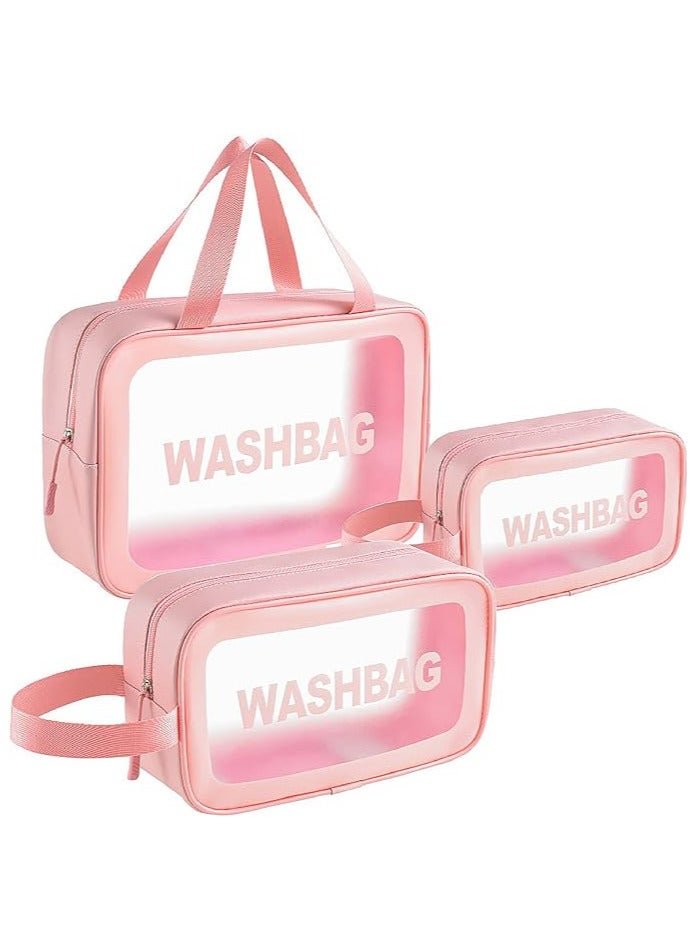 Toiletry Bags - Waterproof Cosmetic Laundry Bag Zipper Makeup For Women And Girls 3 Pieces Travel & Holiday Accessories PVC plastic and eco-friendly polyurethane leather Transparent  (Pink) - Image 1
