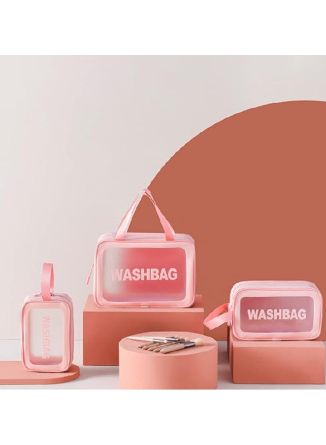 Toiletry Bags - Waterproof Cosmetic Laundry Bag Zipper Makeup For Women And Girls 3 Pieces Travel & Holiday Accessories PVC plastic and eco-friendly polyurethane leather Transparent  (Pink) - Image 3