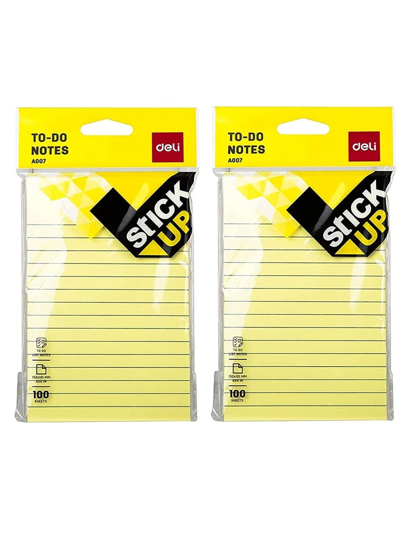 Deli 2-Pad Ruled To-Do Sticky Notes 6x4 Inch Size Yellow Colour - Image 1