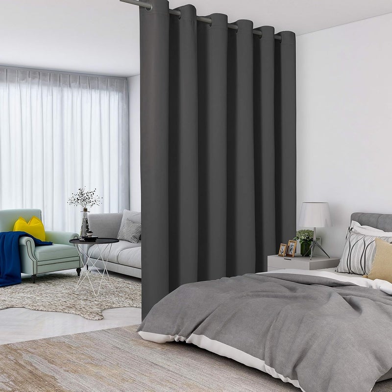 LORDTEX Dark Grey Room Divider Curtains - Total Privacy Wall Room Divider Screens Sound Proof Wide Blackout Curtain for Living Room Bedroom Patio Sliding Door, 1 Panel, 8.3ft Wide x 7ft Tall - Image 1