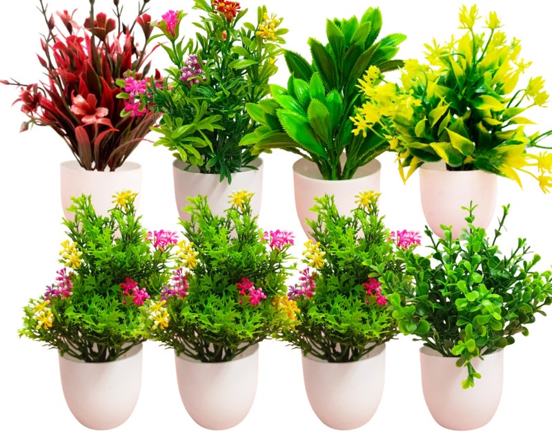 Dekorly Artificial Potted Plants, 8 Pack Artificial Plastic Eucalyptus Plants Small Indoor Potted Houseplants, Small Faux Plants for Home Decor Bathroom Office Farmhouse (Multi-H) - Image 1