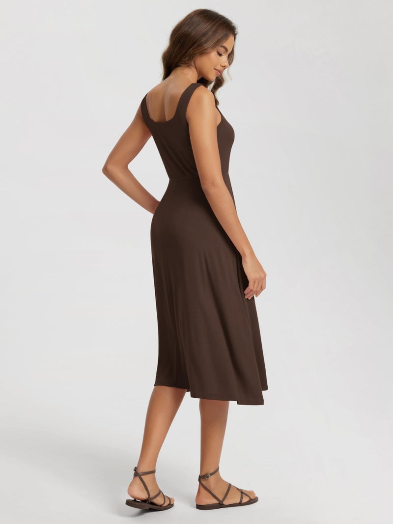 ODODOS Square Neck Midi Dress with Pockets for Women Summer Casual Sleeveless Sundress Flare Tank Dress, Dark Brown, X-Large - Image 2