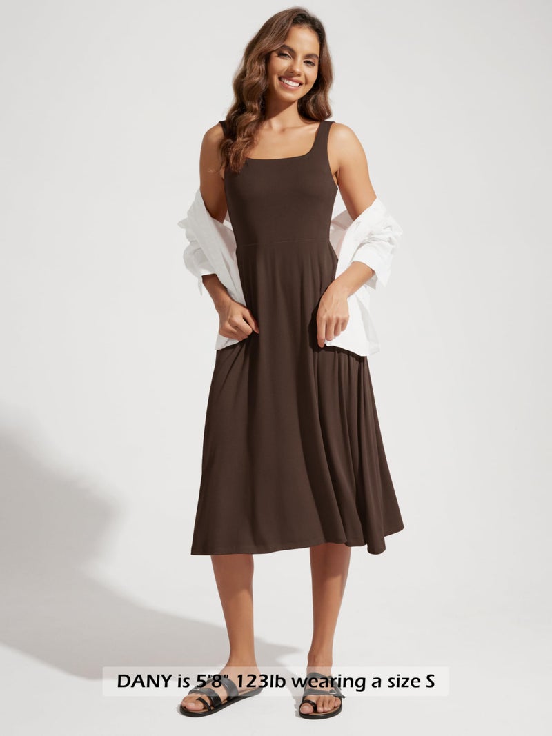 ODODOS Square Neck Midi Dress with Pockets for Women Summer Casual Sleeveless Sundress Flare Tank Dress, Dark Brown, X-Large - Image 4