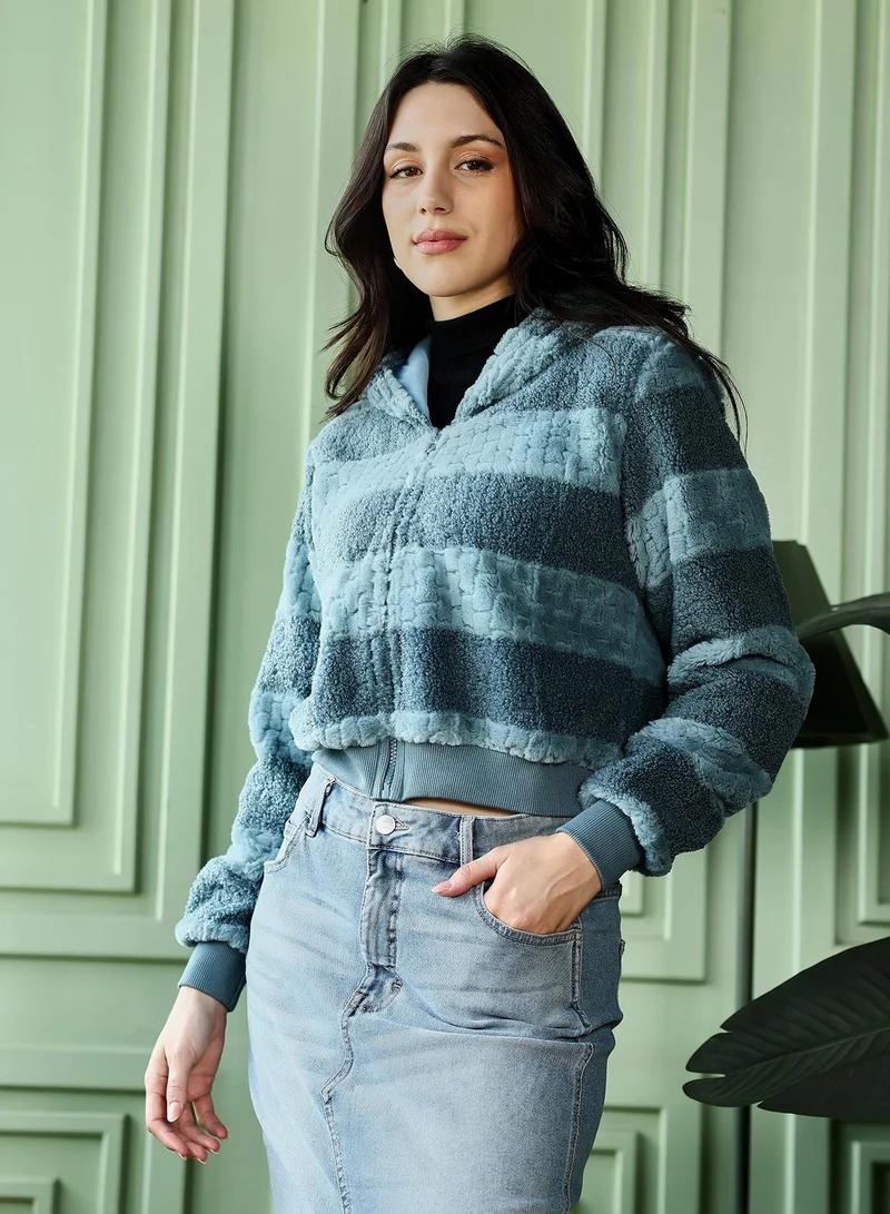 Pinacolada  Women's Steel Blue Fleece Horizontal Striped Jacket for Women | Best Price UAE