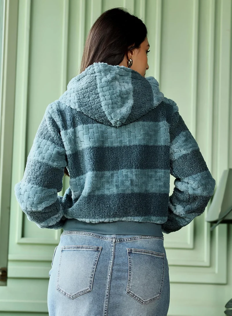 Pinacolada  Women's Steel Blue Fleece Horizontal Striped Jacket for Women | Best Price UAE