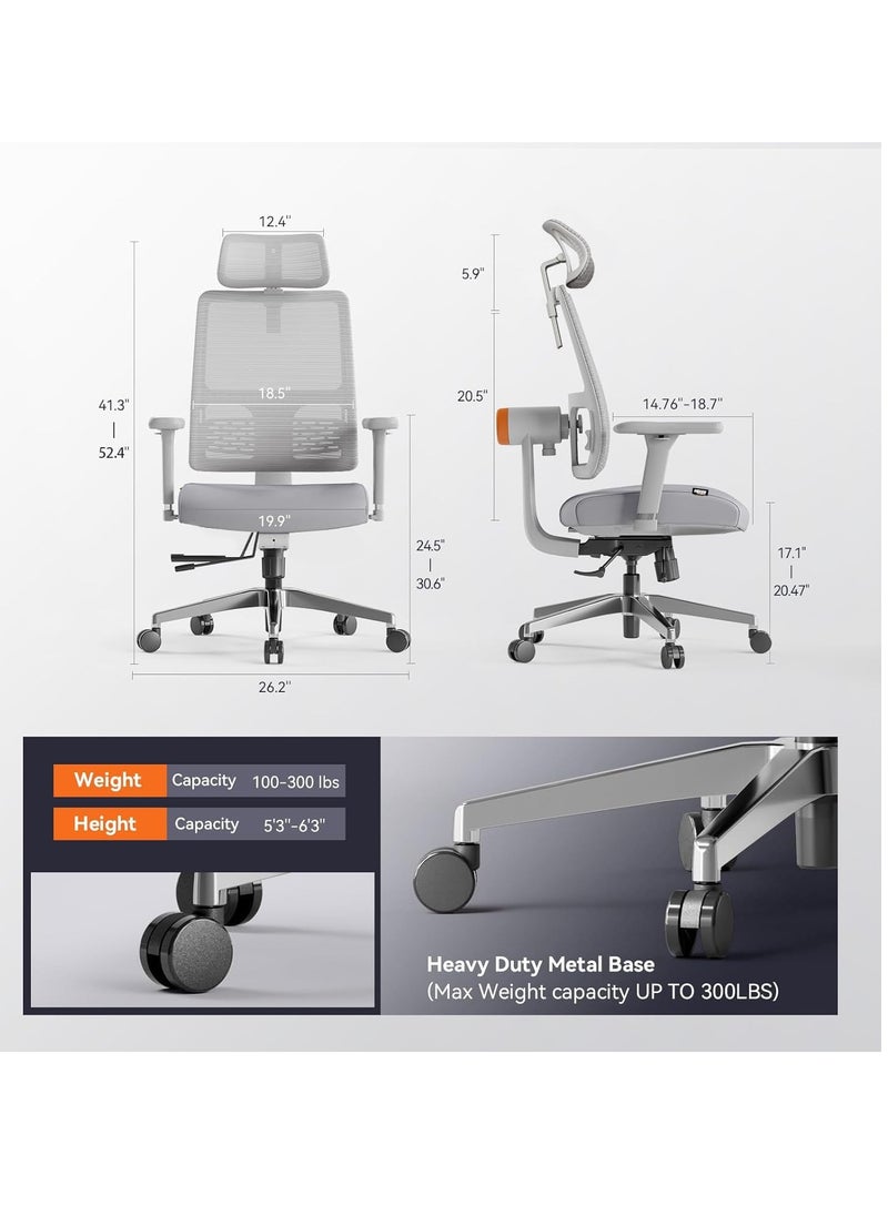 DROGO - Ergonomic Office Chair for Work from Home, High Back Computer Chair with Adaptive Lumbar Support, 4D Armrest, Recline, Adjustable Height & Headrest, Mesh Chair for Office (Grey) - Image 1