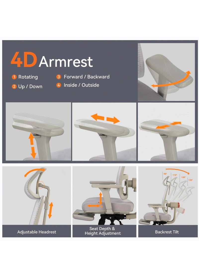 DROGO - Ergonomic Office Chair for Work from Home, High Back Computer Chair with Adaptive Lumbar Support, 4D Armrest, Recline, Adjustable Height & Headrest, Mesh Chair for Office (Grey) - Image 1