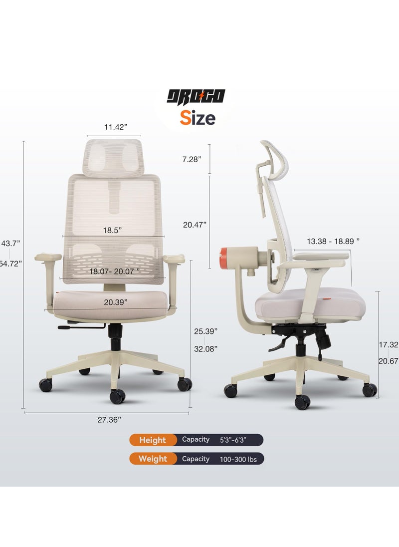 DROGO - Ergonomic Office Chair for Work from Home, High Back Computer Chair with Adaptive Lumbar Support, 4D Armrest, Recline, Adjustable Height & Headrest, Mesh Chair for Office (Grey) - Image 1