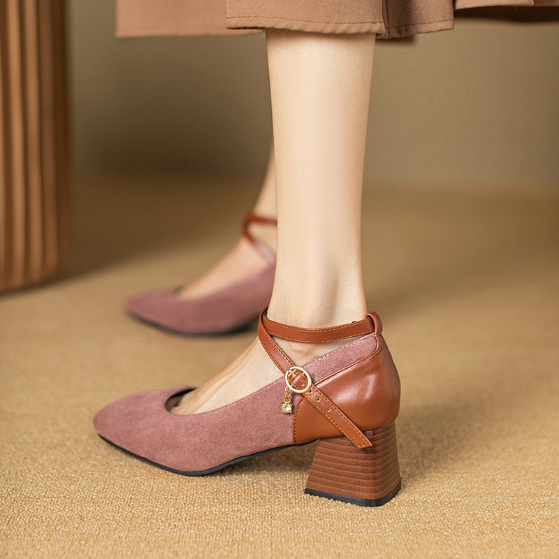 In The Spring Of 2024 Square Head Heel Women'S Shoes 40-47 Cross Buckle Suede Shallow Mouth Shoes - Image 5