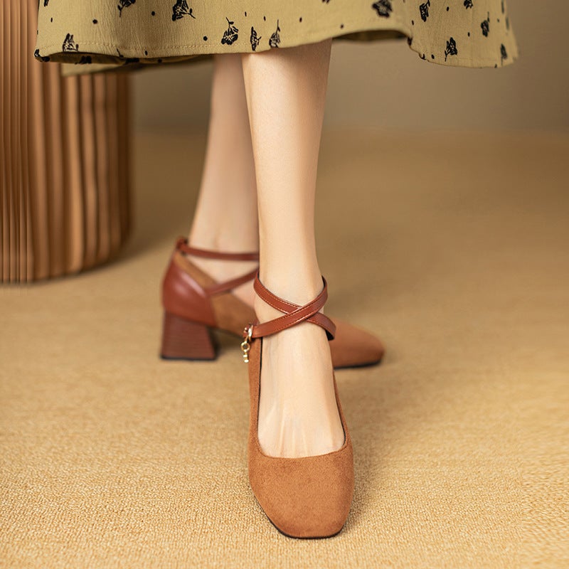 In The Spring Of 2024 Square Head Heel Women'S Shoes 40-47 Cross Buckle Suede Shallow Mouth Shoes - Image 4